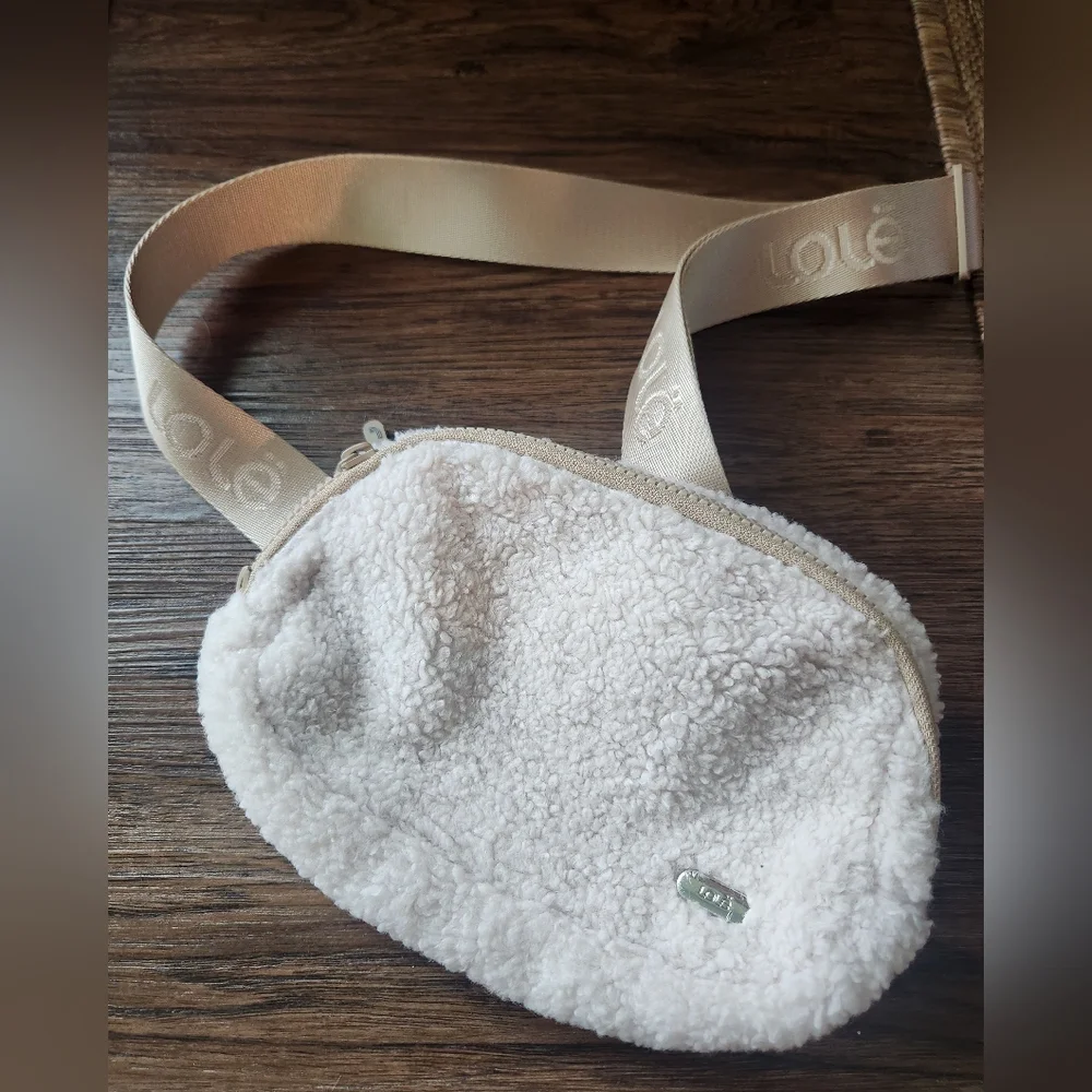 Lole Cream Sherpa Crossbody Belt Bag with Embossed Strap